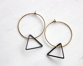 Gold Hoop Triangle Earrings, Black and Gold geometric hoops, Simple Earrings, Minimalist Earrings, Bridesmaid Earrings, Gift for her women