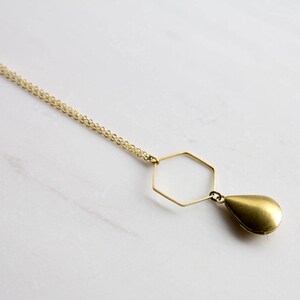 Geometric Locket Necklace: Brass Hexagon & Teardrop Keepsake