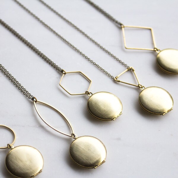 Geometric Brass Locket Necklace: Modern Photo Keepsake, gift for mom, wife, daughter