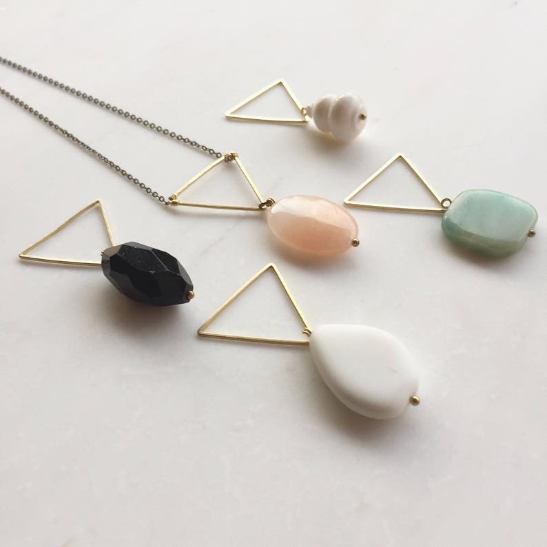 Triangle necklace, long necklace, Choose one gemstone necklace, Pink stone necklace, white stone necklace, black stone necklace,, bridesmaid image 1