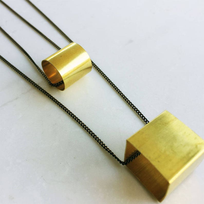 Long Brass Pendant Necklace, tube necklace, cube necklace, geometric necklace, minimalist, boho necklace, gift for her, image 1
