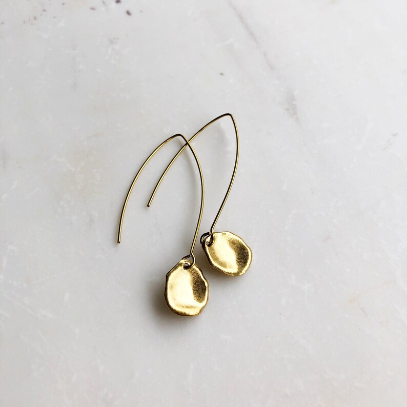 Gold petal earrings, drop earrings, dainty minimalist earrings image 1