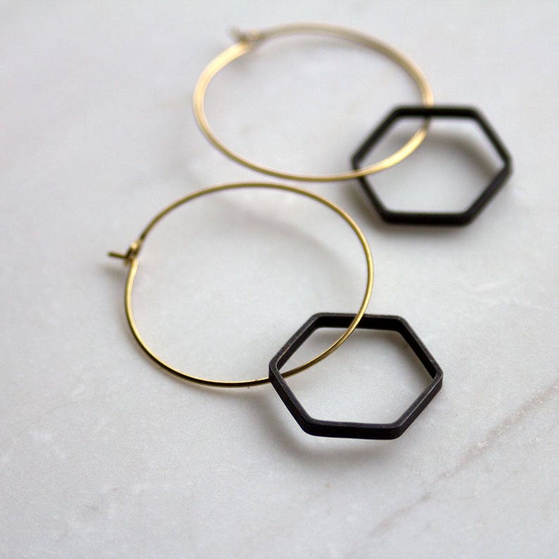 Minimalist Black and Gold Earrings, Modern Hoop with Hexagon, Honeycomb earrings image 1
