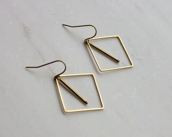 Gold Geometric Diamond Earrings, Gold dangle earrings, Minimalist Earrings, Gift for Mom, square Earrings