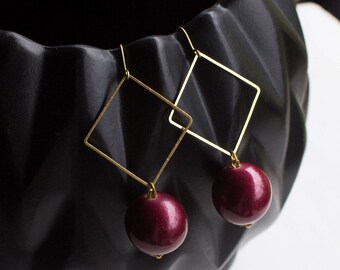 Gold and burgundy statement earrings, gold dangle earrings, purple and gold earrings, geometric drop earrings, Christmas gift for her, party