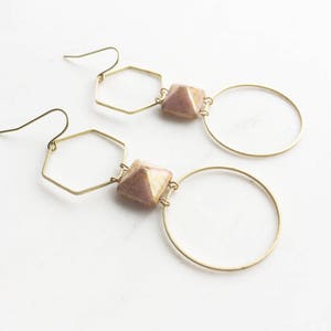 Pink Glass & Brass Statement Earrings: Geometric Hexagon Hoop Earrings