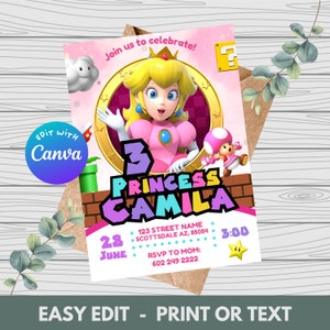 Princess Peach Mario Bros verjaardagsuitnodiging, sjabloon Princess Peach uitnodiging, digitale Princess Peach uitnodigen, Princess Peach Mario Bros