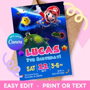 Super Mario Galaxy Birthday Invitation Editable Canva Template Kids Party Printable 5x7 Instant Download Video Game