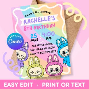 Modelo de convite para festa Labubu | Convite de aniversário Labubu | Editável no Canva | Festa de aniversário para meninas