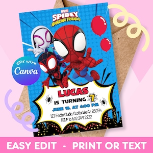 Spidey-Geburtstagseinladung | Spidey und seine tollen Freunde | Bearbeitbare und druckbare Vorlage | Einladung zur Kinderparty