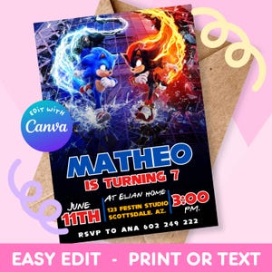 Invitation à la fête Sonic | invitations premium modifiables dans Canva | invitation pour garçons et filles | Sonic le hérisson 3 | Sonique