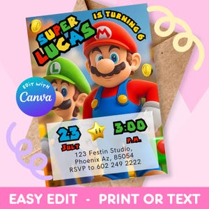 Mario Bros. Geburtstagseinladung | Super Mario Bros. Einladung | Mario Bros. Einladungsvorlage | Gamer-Party | Bearbeitbar