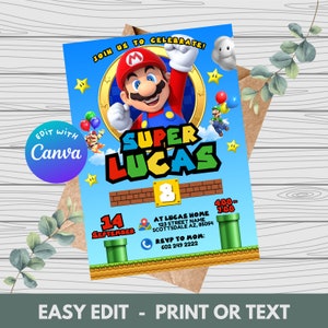 Convite de aniversário do Super Mario, Aniversário infantil, Mario Bros, Convites digitais, Cartão de aniversário do Mario, Mario e Luigi, Convite para jogos