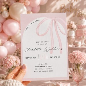 Coquette Bow Baby Shower Invitation Girl Neutral Pastel Pink Elegant Editable Printable Celebration Template