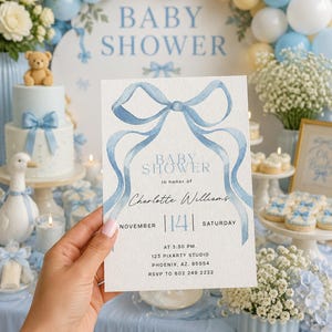 Coquette Bow Baby Shower Invitation Boy Neutral Sky Blue Elegant Editable Printable Celebration Template