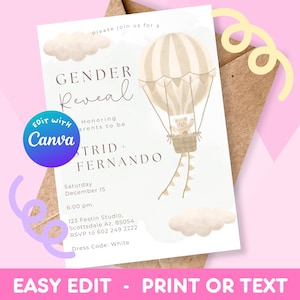 Invitacion para la revelacion de genero del bebe | Plantilla para revelar el genero | Invitacion con globo aerostatico para baby shower