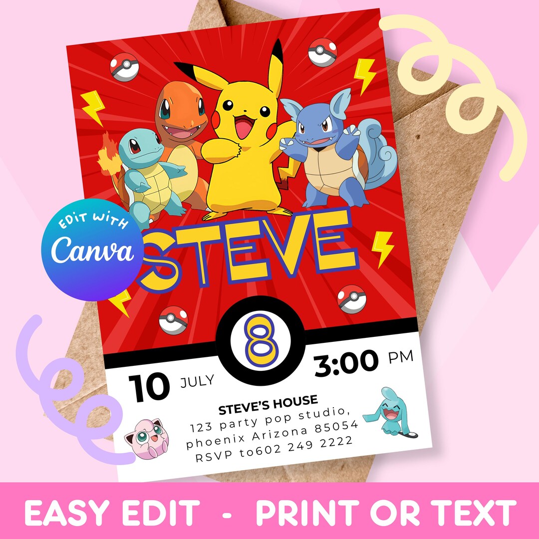 Editable Pokémon Invitation, Pokémon Birthday Invitation, Printable ...