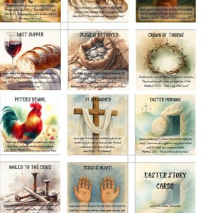 Puede incluir: Un conjunto de tarjetas de historias de Pascua con ilustraciones en acuarela que representan escenas de la Biblia. Las tarjetas incluyen títulos como "Domingo de Ramos", "Última Cena" y "¡Jesús vive!"