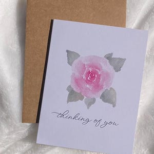 Impression de carte de voeux peinte à la main, je pense à vous, encouragement, sympathie, aquarelle, carte, fleur, carte de remerciement, blanc, rose