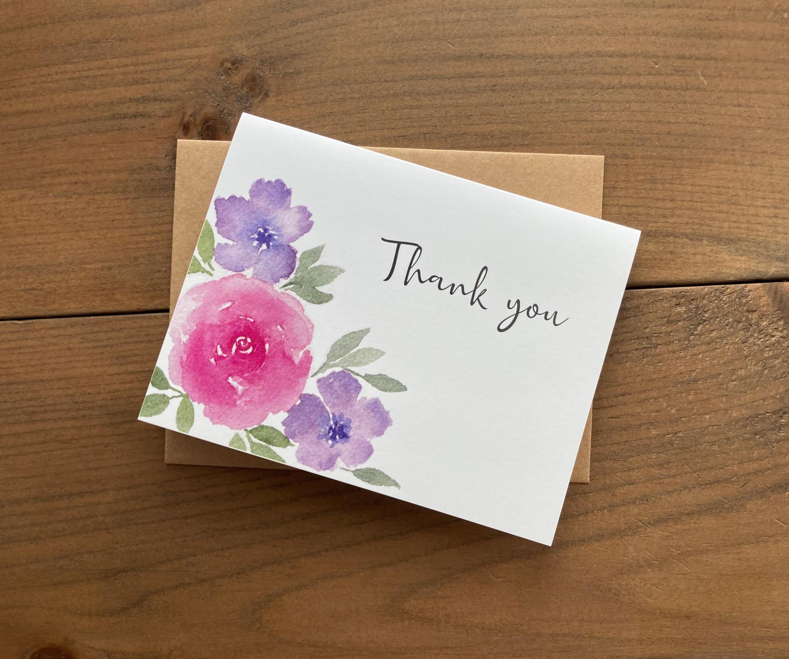 Watercolor Flower Thank You Card, Blank Inside, Floral Greeting Card - Etsy