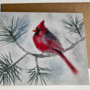 Impression aquarelle de carte de voeux de Noël, pin cardinal, oiseau, hiver de vacances, juste parce que, amitié, occasion vide