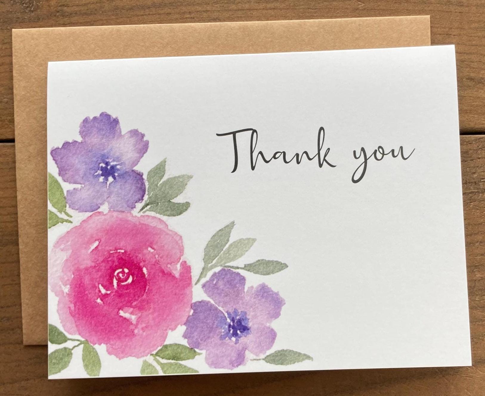 Watercolor Flower Thank You Card, Blank Inside, Floral Greeting Card - Etsy