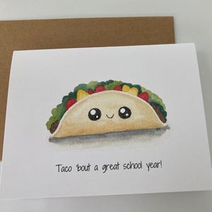 Carte de voeux d'appréciation aquarelle peinte à la main, jeu de mots drôle mignon, tacos 'Bout a Great School Year, Merci