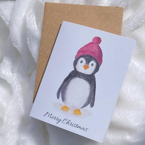 Impression de carte de voeux pingouin peinte à la main/carte de Noël/carte occasion vierge aquarelle/vacances, carte de joyeux Noël