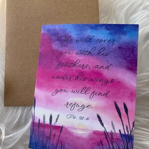 Impression de carte de voeux coucher de soleil peinte à la main, carte d'encouragement, aquarelle, carte de visite vierge, chrétien, verset de la Bible, carte de sympathie Psaume 91