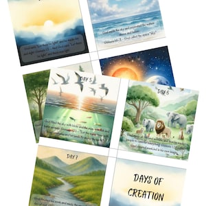 May include: A set of illustrated cards depicting the Days of Creation. Each card features a watercolor painting and text from Genesis. The cards show scenes of the sun, sky, land, animals, and text that reads "DAYS OF CREATION".