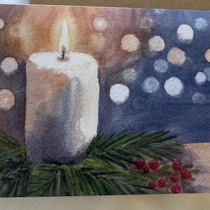 Bougie peinte à la main, impression de carte de voeux bokeh, carte de Noël, carte de visite vierge aquarelle, vacances, joyeux Noël