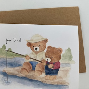 Carte de voeux aquarelle peinte à la main pour la fête des pères, pour papa, joyeuse fête des pères, pêche à l'ours, père et fils, animal mignon