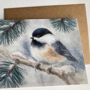 Impression aquarelle de carte de voeux de Noël, pin mésange, oiseau, hiver de vacances, juste parce que, amitié, occasion vide