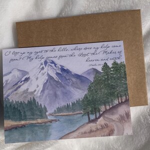 Impression de carte de voeux montagne peinte à la main, aquarelle, encouragement, carte juste parce que, carte vierge, verset biblique psaume chrétien 121