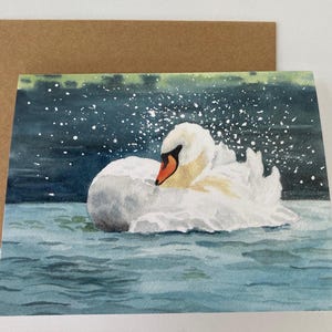 Aquarelle peinte à la main, cygne sur l'eau, carte de voeux, encouragement, juste parce que, merci, amitié, carte de visite vierge, oiseau, animal