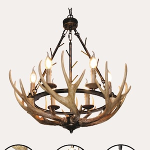 Rustic Antler Chandelier 6 Lights, Farmhouse Chandeliers with Resin 6 Antlers and Retro Metal Wagon Wheel Chandelier Vintage Style