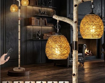68.5" Rustic Farmhouse Remote Control Switch Birch Tree Floor lamp, Bird Nest Lantern Shade Vintage Standing Lamp