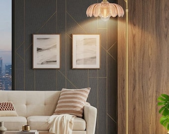 Mid Century Modern Brass Tall Lamp, Tall Lamp Retro Vintage Glass Lamp Floor Light Boho Bohemian, Gold Dimmable Standing Lamp with Remote