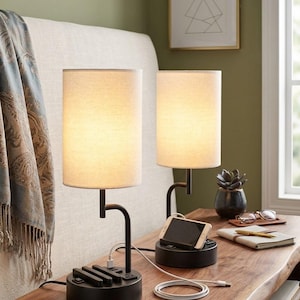 Modern Bedside Table Lamp with USB C & AC Outlet Multi-Functional Nightstand Lamp with Phone Holder Minimalist Desk Lam Set Of 2