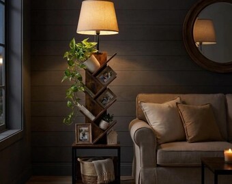 62" Tall Reading Light with Unique Oval Fabric Shade & 8-Tier Book Organizer, 3in1 Tree Bookshelf, Modern Standing Lamp for Living Room