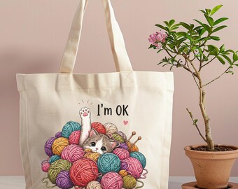 Funny Cat Tote Bag, Knitting Cat Canvas Tote, Cute Crochet Lover Gift, I'm OK Aesthetic Shoulder Bag, Reusable Grocery Bag, Gift for Cat Mom