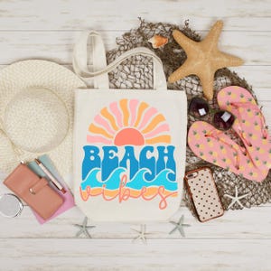 Beach Vibes-draagtas, retro zomerdraagtas met zon en golven, esthetische strandtas, canvas Coastal Vibes-tas, cadeau-idee voor vakantiestrand