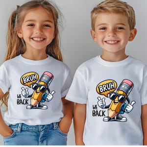 Bruh We Back T-shirt, grappig terug naar school-shirt voor kinderen, cool potlood cartoon T-shirt, outfit voor eerste schooldag, jongens meisjes trendy shirt