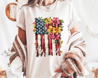Floral American Flag Shirt, Patriotic Flower USA Tee, Fourth of July Shirt for Women, Red White Blue Summer Top