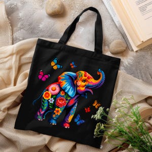Colorful Floral Elephant Tote Bag, Boho Butterfly Animal Canvas Bag, Vibrant Jungle Safari Gift, Nature Lover Reusable Eco Bag