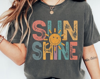 Retro Sonnenschein Smiley Sun T-Shirt, Vintage Sommer Boho Strand Tee