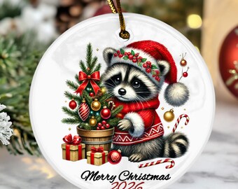 Personalized Raccoon Christmas Ornament, Custom 2026 Holiday Decor, Cute Santa Raccoon Gift, Woodland Animal Tree Decoration