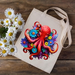 Colorful Octopus Tote Bag, Red Octopus With Flowers Bag, Marine Animal Art Tote, Ocean Lover Gift Bag, Artistic Sea Creature Canvas Tote