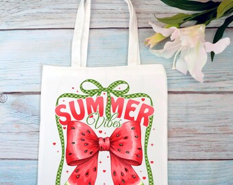 Sac cabas Summer Vibes, Sac en toile avec noeud pastèque, Joli sac de plage estival, Cabas cadeau pour amateurs de fruits, Cabas pique-nique coloré, Sac de marché réutilisable