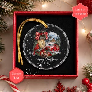 Personalized Red Truck Christmas Glass Ornament, Custom Name Vintage Truck Tree Decor, Crystal Clear Cardinal Bauble, Custom Family Gift
